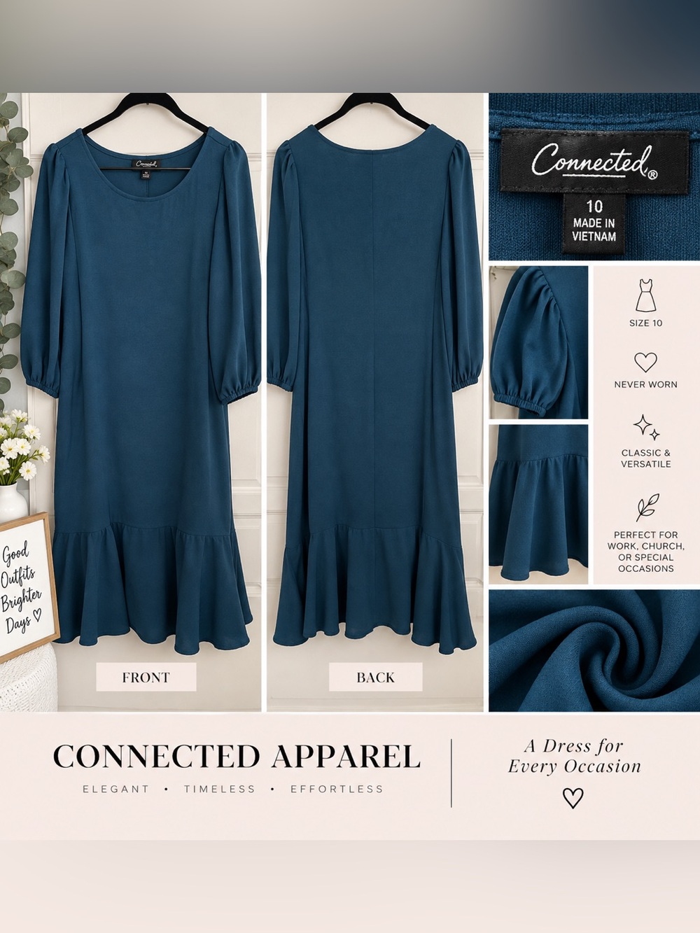 Connected Apparel Teal Midi Dress with Ruffle Hem and Puff Sleeves